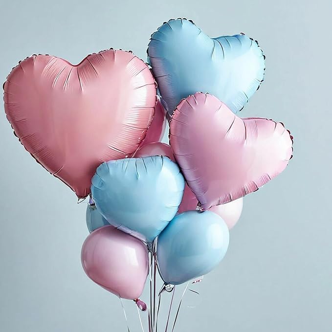Pink Blue Heart Balloons, 18 Inch Baby Pink and Blue Heart Shape Balloon, 12PCS Large Light Blue Pink Helium Foil Heart Romantic Balloon for Baby Gender Reveal Birthday Wedding Party Decorations