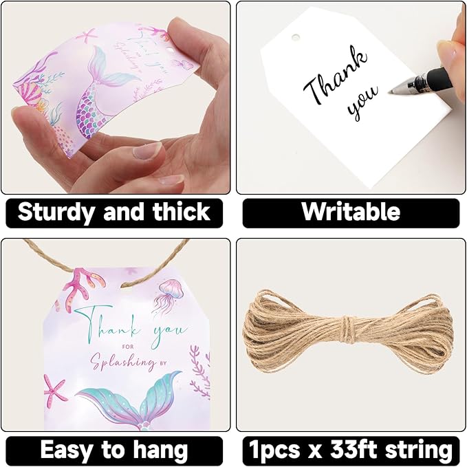 G2PLUS Mermaid Thank You Tag, 50PCS Thank You for Splashing by Tags, Mermaid Birthday Gift Tag, Ocean World Paper Gift Tags with String for Girl Birthday Baby Shower Undersea Theme Party Favors