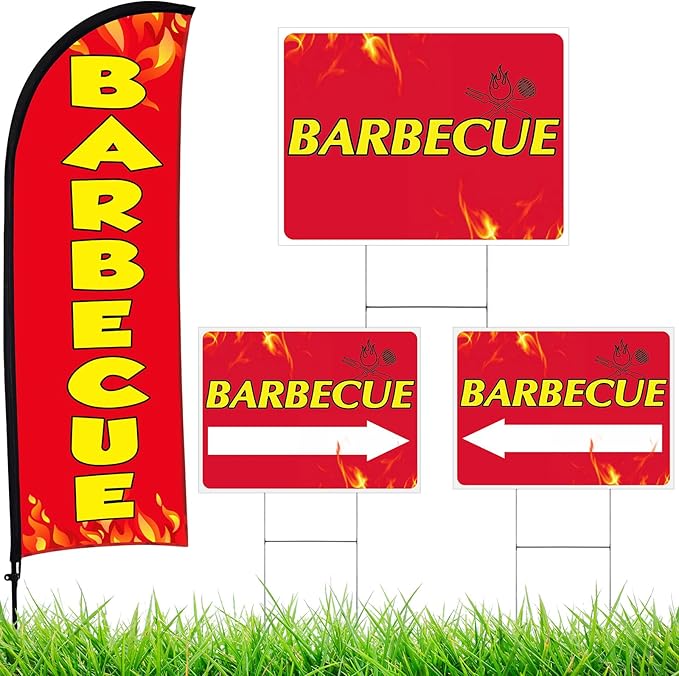 Buryeah BBQ Sign Banner Set Including 1 Pack Barbecue Feather Flag Banner 3 Pack Double Sided Directional Arrow Barbecue Yard Signs with Metal Stake for Business Advertising Outdoor Ground (Red)