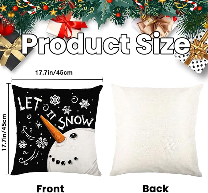 Christmas Pillow Covers - 18x18 inch Black Merry Christmas Snowflake Snowman Tree Decorations Throw Cushion Case for Indoor Home Bedroom Couch Decor