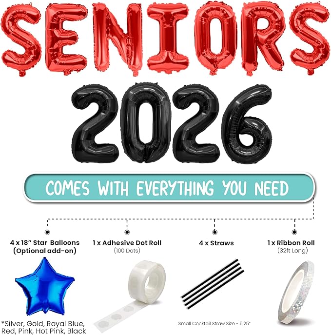 BALLOON VIBE Seniors 2026 Balloons - High School College Seniors Decorations Balloons - 2026 Banner for Graduation Party Decor Foil Letters with Ribbon, Straws & Adhesive Dots