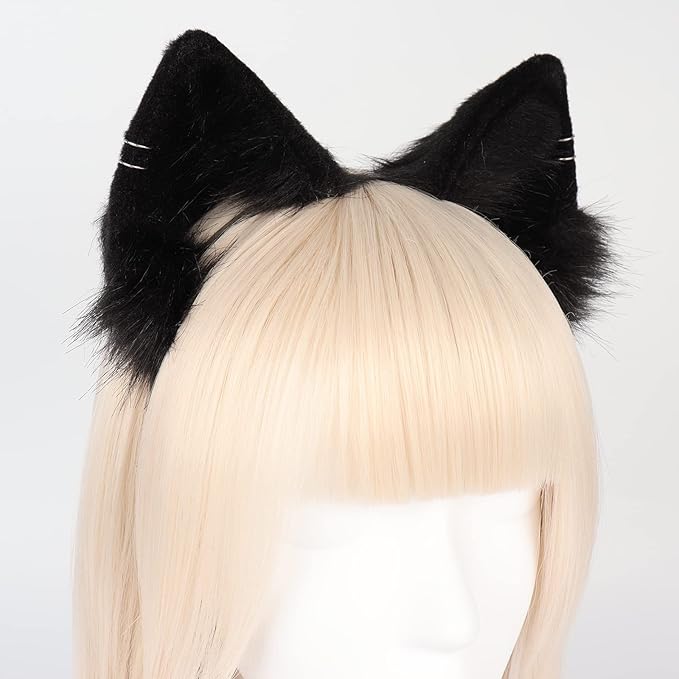 QinRuan Animal Cosplay Costume Accessories Furry Faux Fur Cat Ears Headband and Fox Tail Set Halloween Accessory