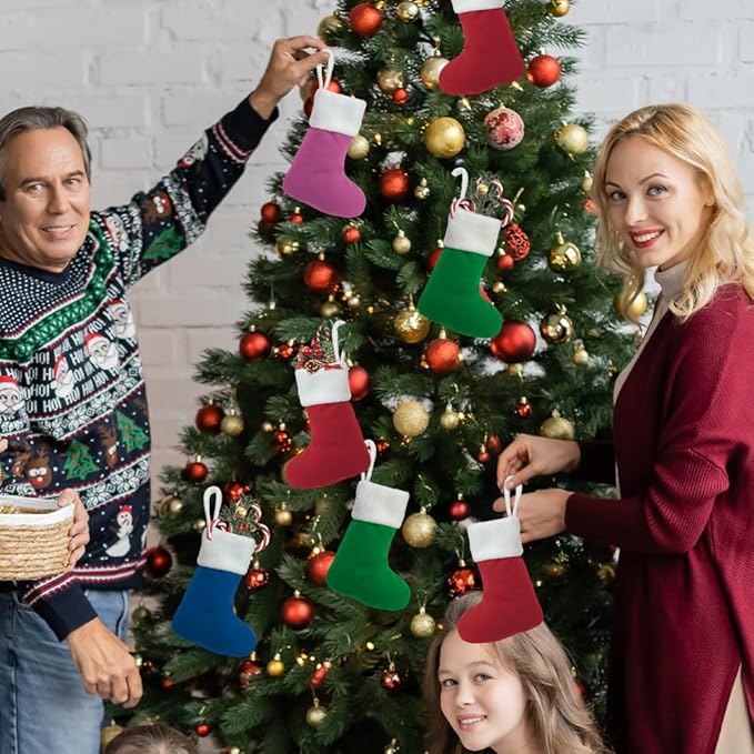 12Pack Mini Christmas Stockings 7" Traditional Xmas Stocking for Family Holiday Party Decor and Xmas Tree Fireplace Merry Christmas Ornament Gifts(Multi-Mini)