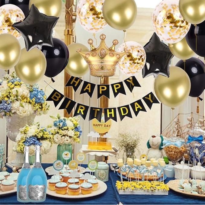 Birthday Party Decorations KIT - Happy Birthday Banner, Gold Crown Balloon Gold and Black Latex Balloons, Perfect Party Supplies