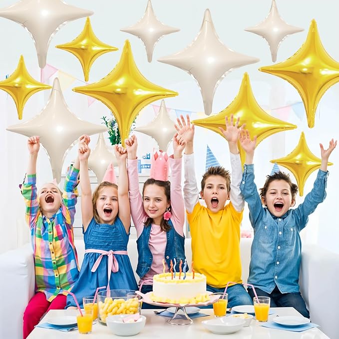 Cream White Gold Star Balloons,12Pcs Four Angle Star Foil Balloons,26Inch and 10Inch Sand White Gold Quadrangle Helium Balloon for Birthday Baby Shower Anniversary Party Decorations