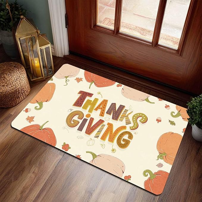 Fall Welcome Maple Leafs Decorative Door Mat, Autumn Thanksgiving Doormat for Indoor Outdoor Entrance Floor Mats,Fall Pumpkins Non Slip Harvest Vintage Decor Rubber Welcome Mats 30" x 18" Inch