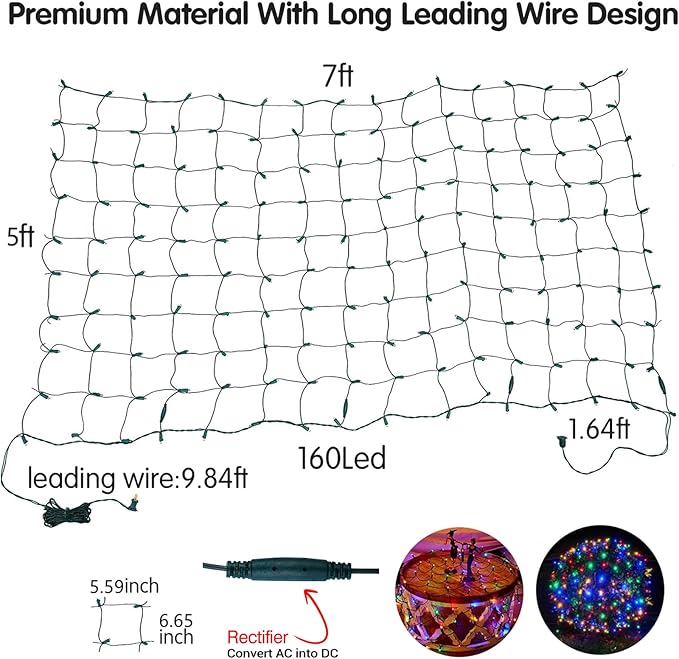 Led Christmas Net Lights Outdoor Christmas Lights Multicolor 160LED 5ftx7ft, Waterproof Outdoor Indoor Fairy Mesh Net Light for Xmas Party, Yard, Patio, Trees, Shrubs, Bushes Decorations