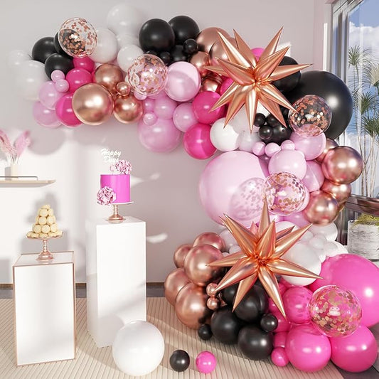 Hot Pink Black and White Balloon Garland Arch Kit, 156Pcs Black Pastel Pink White Rose Gold Balloons with Exploding Star for Birthday Mean Girls Boss Baby Barbie Minnie