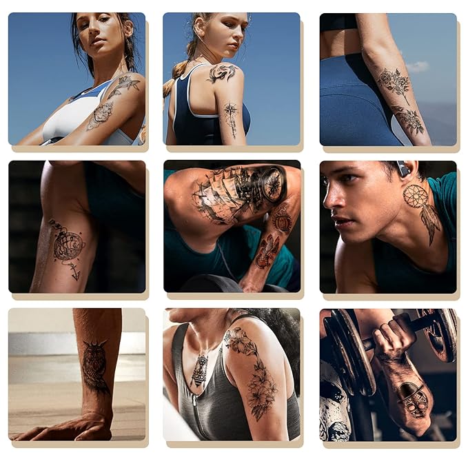 Yazhiji 70sheets Waterproof Temporary Tattoo for Girls or Boys Kids 10sheets Larger Half Arm Wolf Tiger Lion Fake Tattoos for Men or Women And 60 sheets Tiny Flower Snake Bird Crown Tattoo Sticker