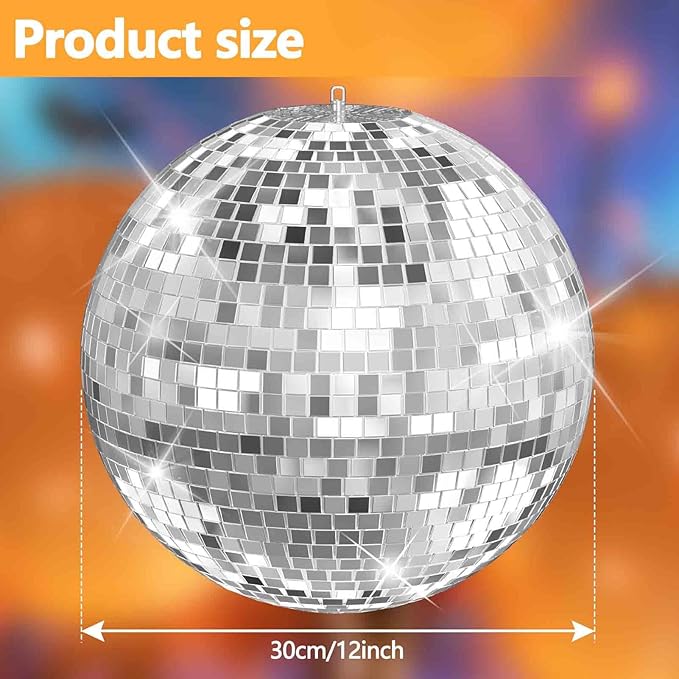 12 Inch LED Light Silver Disco Ball,Silver Glass Mirror Ball Light for Party, Christmas Decorations,USB Powered Mirror Disco Ball for Nightclub,Bar,Wedding,DJ Party Lighting(12inch)