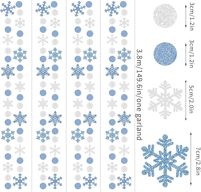 Snowflake-Snow Blue-Silver Christmas Party-Decoration Garland - 52Ft White Winter Wonderland Frozen Hanging Paper Streamers,Birthday New Year Baby Shower Supplies Classroom Decor Lasting Surprise