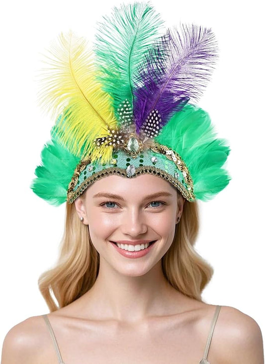 Women's Carnival Feather Headpieces Sequin Headdress for Wedding Masquerade Party Cosplay Feather Headbands