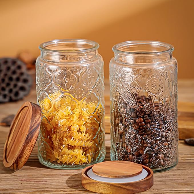 ANSQU Vintage Glass Storage Jar, Glass Canister Storage Jar Container with Airtight Wooden Lid for Kitchen Counter, Pantry, Coffee, Tea, Sugar, Cookie Jars (Round-Begonia)