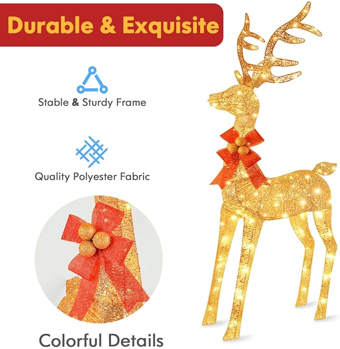 3-Piece Reindeer Outdoor Christmas Decoration, 5FT Large Lighted Christmas Deer Family Set, Outside Xmas Yard Lawn Decorations with 260 Bright LED Lights, Stakes, Zip Ties - Gold