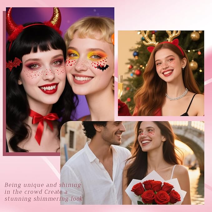 10 Styles Red Glitter Freckles Face Tattoo, Waterproof Sparkle Cute Star Butterfly Face&Body Glitter Speckles Patches for Women, Metallic Temporary Tattoo Accessories Makeup for Rave