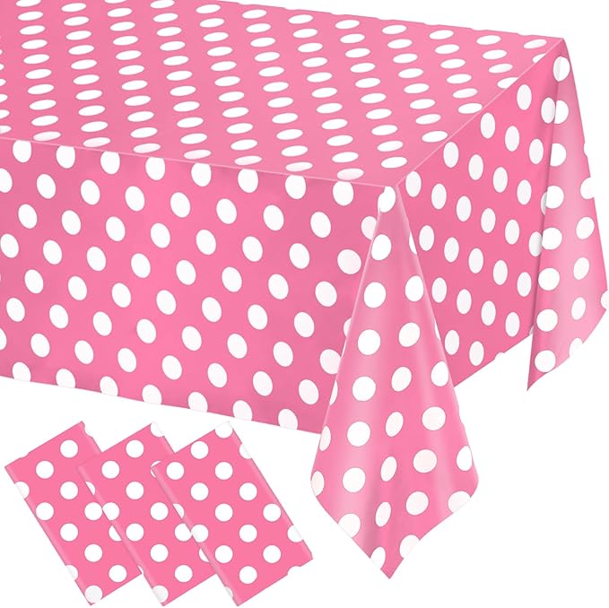 WNINK 3 Pack Pink and White Polka Dot Tablecloths, Pink Disposable Plastic Waterproof Table Cover, 54" x 108", for Birthday, Wedding, Bridal Shower, Bachelor, Pink Girl Party, and Picnic
