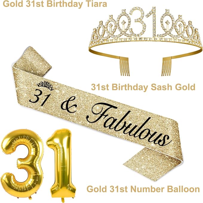 31st Birthday Decorations for Women Gold with 31st Birthday Tiara and Sash, Cake Topper and Number Candles, Number Balloons, 31 Year Old Gifts for Women