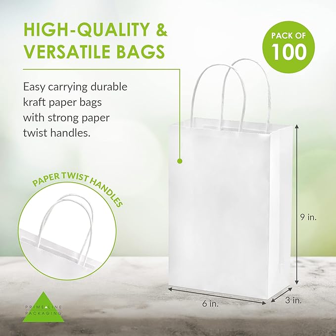 Prime Line Packaging White Paper Bags, Mini Gift Bags with Handles for Small Business, Shopping, Boutique, Merchandise, Party Favors, Bulk, 6x3x9, 100 Pack