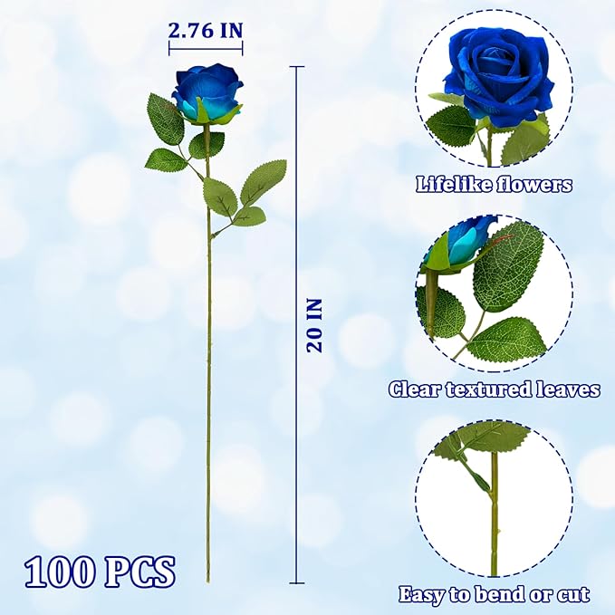 Bulk Artificial Flowers 100 PCS, Fake Velvet Silk Blue Roses with Long Stems Realistic Bouquet for Wedding Centerpieces, Faux Arrangement for Home Table Decor