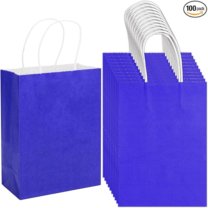 100 Pack 5.9x3.15x8.26 inch Small Gift Bags, Kraft Blue Bags with Handles Bulk for Birthday Party Favors,Gift Paper Bags,Retail Shopping Business Goody Craft Gift Bags