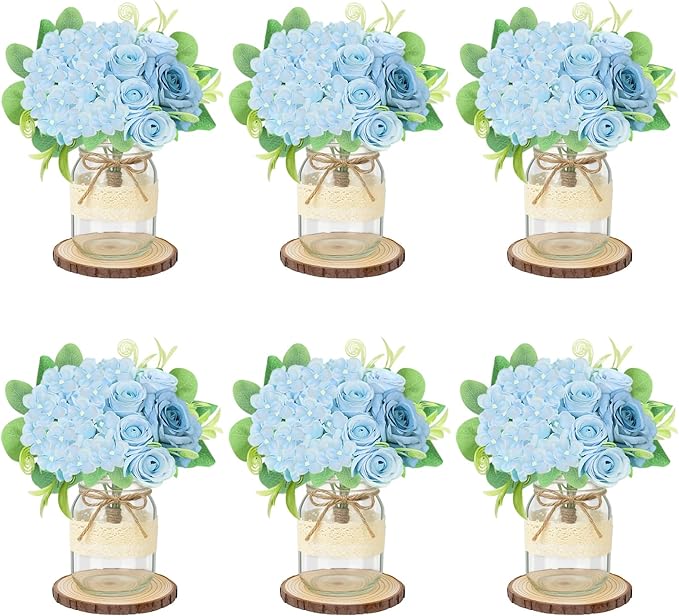 Set 6 Mason Jar Table Centerpiece - Wedding Centerpieces for Tables, Mason Jar Flower Centerpiece Vases Decor- Boho Farmhouse Rustic for Engagement, Bridal Shower, Wedding, Versatile Decor (Blue)