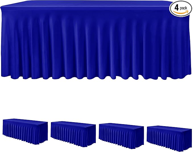 HolidayIdeas Royal Blue Spandex Table Skirts for Rectangle Tables 6ft, Fitted Stretch Table Cover 30x72 Inch, Wrinkle-Free Ruffle Design Tablecloths for Banquets,Trade Shows, Parties, Events, 4 Pack