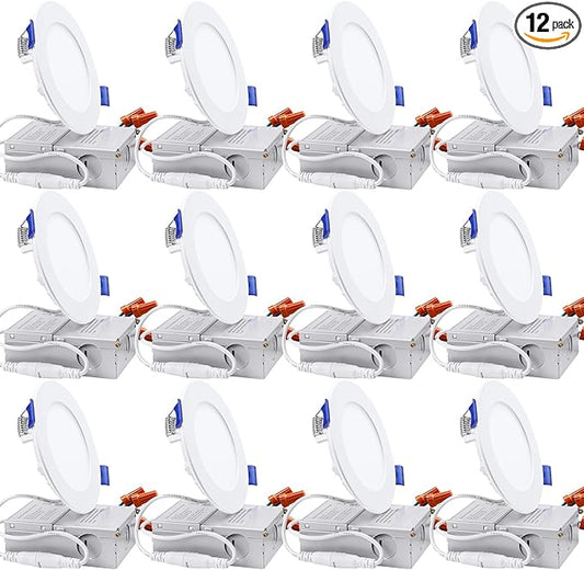 TORCHSTAR 12-Pack 4 Inch Ultra-Thin LED Recessed Lighting with J-Box, 4000K Cool White, 10W Dimmable 700lm Brightness LED Downlight, ETL & Energy Star Listed
