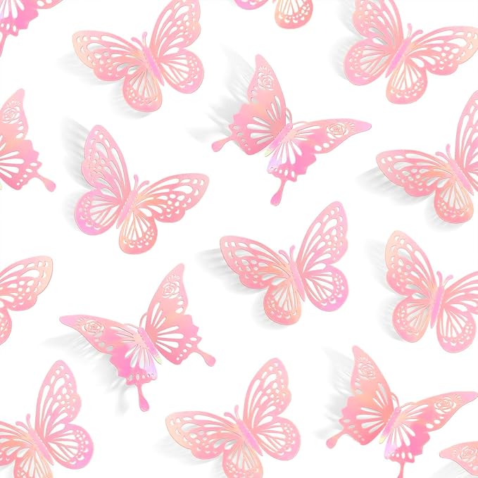 Laser Pink Butterfly Decorations, 48Pcs 2 Styles 3 Sizes Butterflies for Cake Cupcake Toppers, 3D Paper Sticker for Bouquets Birthday Baby Shower Kids Girl Room Wall Nursery Grad Graduation Caps Decor