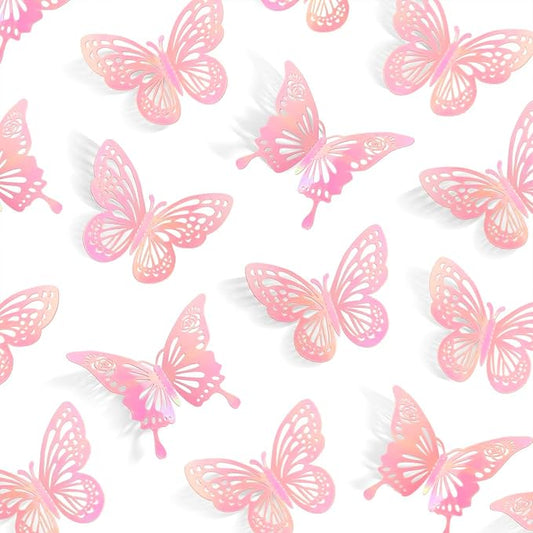 Laser Pink Butterfly Decorations, 48Pcs 2 Styles 3 Sizes Butterflies for Cake Cupcake Toppers, 3D Paper Sticker for Bouquets Birthday Baby Shower Kids Girl Room Wall Nursery Grad Graduation Caps Decor