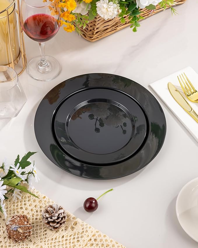 BESTVIP 50PCS Black Plastic Plates, 10.25 Inch Disposable Dinner Plate Party, Heavy Duty Disposable Plastic Plates - Ideal for Halloween Parties, Wedding and Birthday, Everyday Meals Use