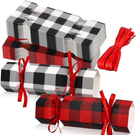 Xinnun 50 Packs Christmas Cracker Kit No Snap Xmas Party Table Favors Snowflake Reindeer DIY Christmas Party Cracker Candy Boxes for Holiday Dinner Decoration Gift (Plaid Style)