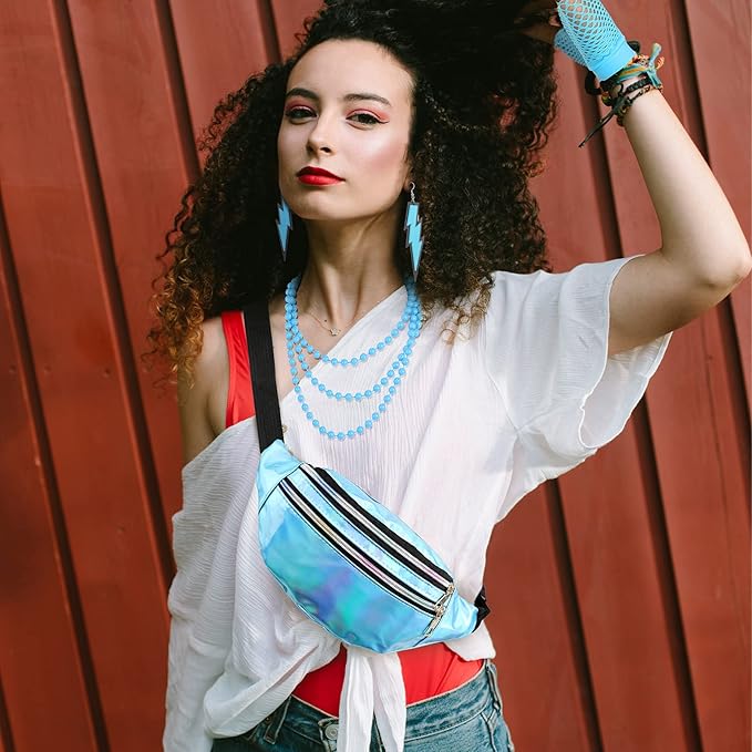 Handepo 19 Pcs 80s Costume Accessories Holographic Fanny Pack Leg Warmers Lace Headband Earrings Gloves Necklace Bracelet