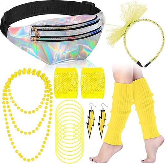 Handepo 19 Pcs 80s Costume Accessories Holographic Fanny Pack Leg Warmers Lace Headband Earrings Gloves Necklace Bracelet