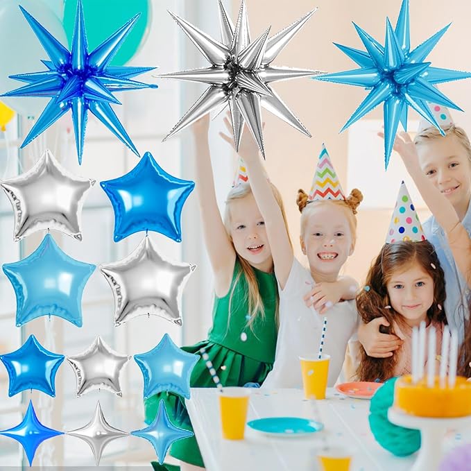 21 Pcs Star Balloons,22/18/10 Inch Star Foil Mylar Balloon,Spike Balloon and Four Pointed Balloons for Party Supplies Christmas Birthday Wedding Photo Booth (Silver Blue Light Blue)