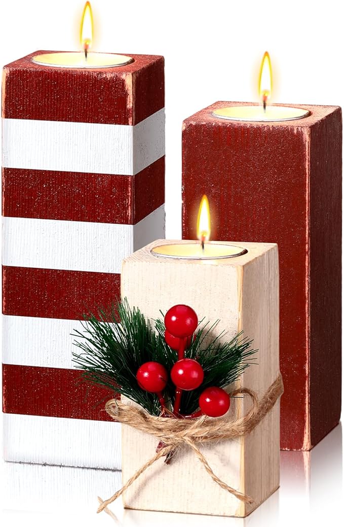 3 Pcs Christmas Candle Holders with Candles Wooden Xmas Tealight Candle Holders Decorations Red White Striped Votive Wood Candlestick Christmas Table Centerpiece for Xmas Party Favors Decor