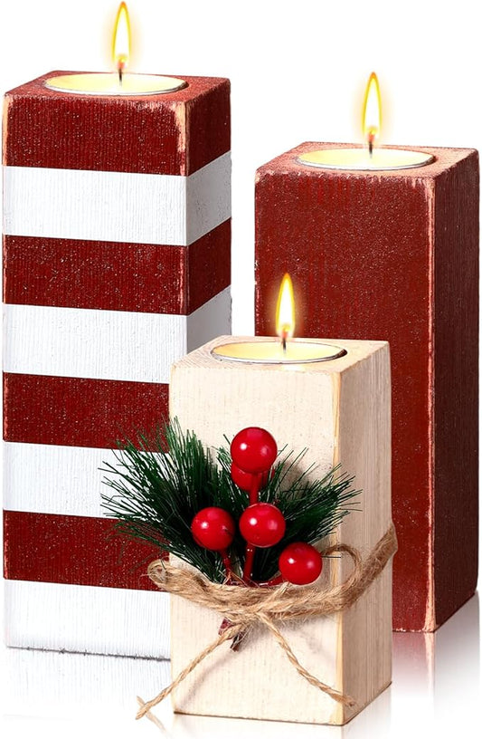 3 Pcs Christmas Candle Holders with Candles Wooden Xmas Tealight Candle Holders Decorations Red White Striped Votive Wood Candlestick Christmas Table Centerpiece for Xmas Party Favors Decor