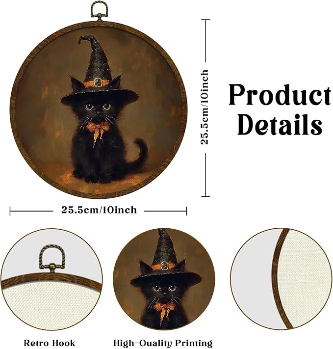 Funny Halloween Black Cat Round Wall Art,Gothic Canvas Print Wall Hanging Decor, Spooky Farmhouse Vintage Round Wall Art for Bedroom Living Room Entryway, Rustic Cat Gothic Wall Decor,Gift for Halloween(Black-Cat)
