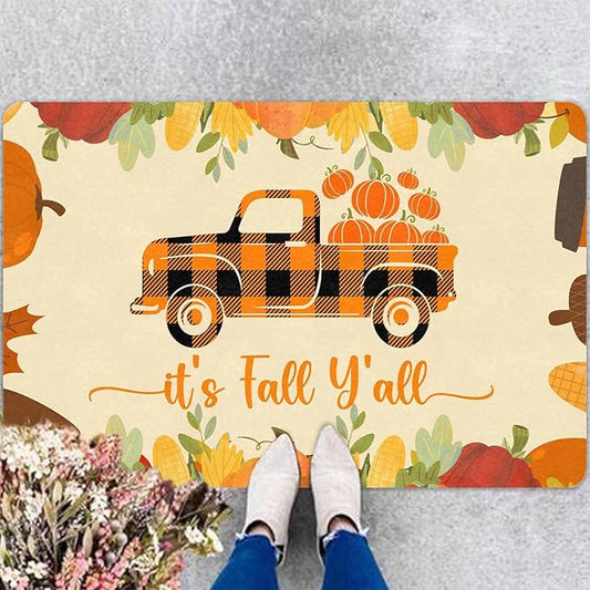 InterestPrint Thanksgiving Doormat Fall Welcome Buffalo Plaid Truck Door Mat Front Door Outdoor Doormat Outside Entrance Porch Non Slip Rubber Rug Autumn Halloween Thanksgiving Farmhouse Decor