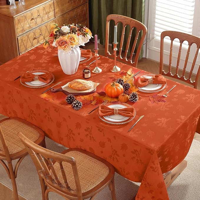 MATIRUG Fall Thanksgiving Tablecloth Rectangle 60X84 inches,Waterproof Washable Fall Jacquard Table Cloth for Autumn Harvest Holiday, Burnt Orange/Rust