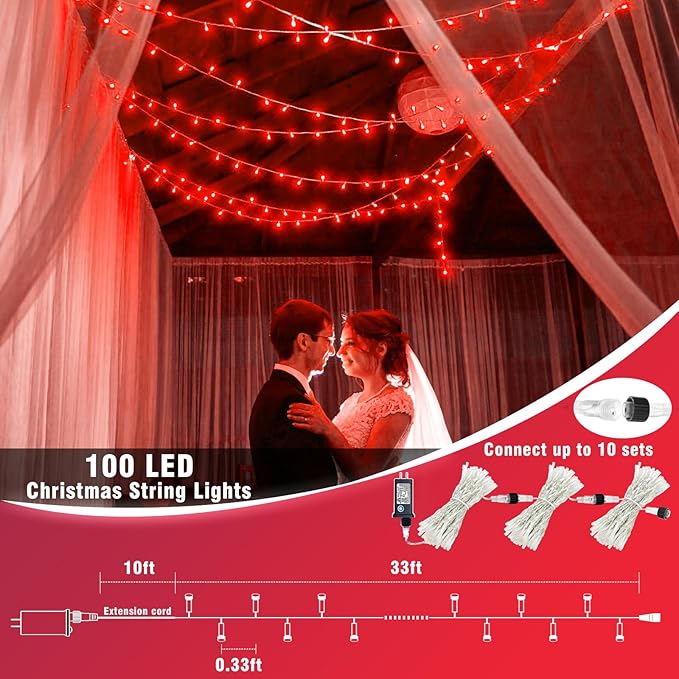 Vivideal 100 LED Red Christmas Lights Outdoor, 33ft Red String Lights 8 Modes Clear Wire, Connectable Waterproof Plug in Pink Led Light for Bedroom Indoor Outdoor Christmas Decorations