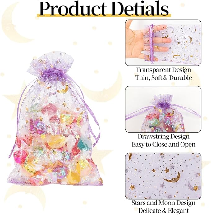 Moon Star Organza Bags 4x6 Small Mesh Bag Drawstring 50 Pcs Mesh Gift Bags Drawstring Pouch Wedding Favor Bags Jewelry Pouches Bulk Gift Pouch for Candy Soaps Birthday Festival Party Supplies, Purple