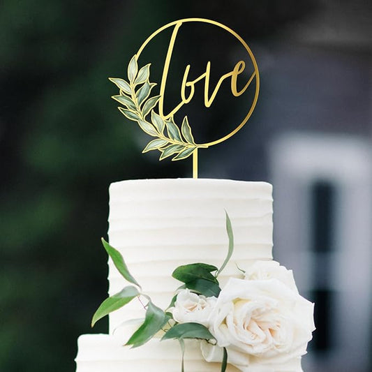Love Wedding Cake Topper Gold Acrylic Greeny Wedding Engagement Cake Decoration (Design 02)