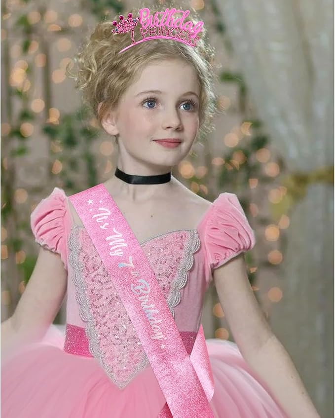 VELSCRUN 2nd 3rd 4-9th Birthday Princess Headband Pink Tiara Crown for Girls It's My Birthday Sash Party Decorations Gifts