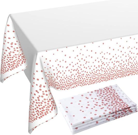 Rose Gold Dot and White Tablecloth 108"x54" for Parties Rectangle Table 4 Packs, Dot Confetti Rectangular Plastic Table Cover,Thanksgiving Christmas Wedding, Anniversary,Baby Shower, Birthday Party