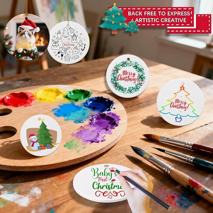 25 Pack Ceramic Sublimation Ornament Blank 3 inch Round Crafting DIY Personalized Printed Christmas Decorations Home Bulk White Porcelain Xmas Tree Crafts Decor