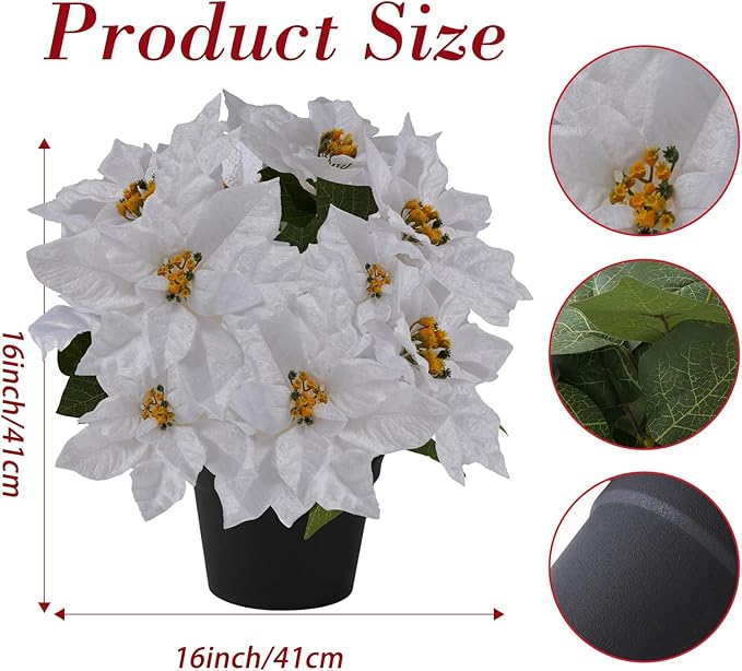 17" Poinsettias Artificial Christmas Flowers 11 Heads Fake Poinsettia Plants for Home Porch Garden Office Indoor Outdoor Christmas Winter Decorations White