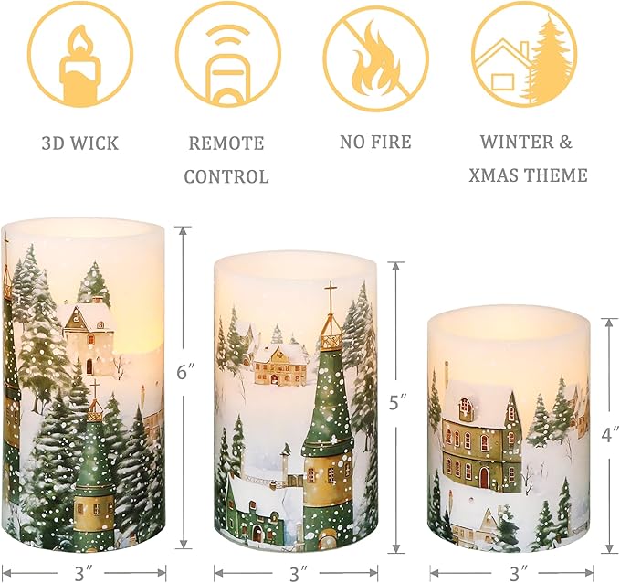 Christmas Flameless Pillar Candles Winter Snowflakes Village Theme Battery Operated with Remote Real Wax LED Flickering Realistic Flame Light Window Christmas Gifts Holiday Home Decor