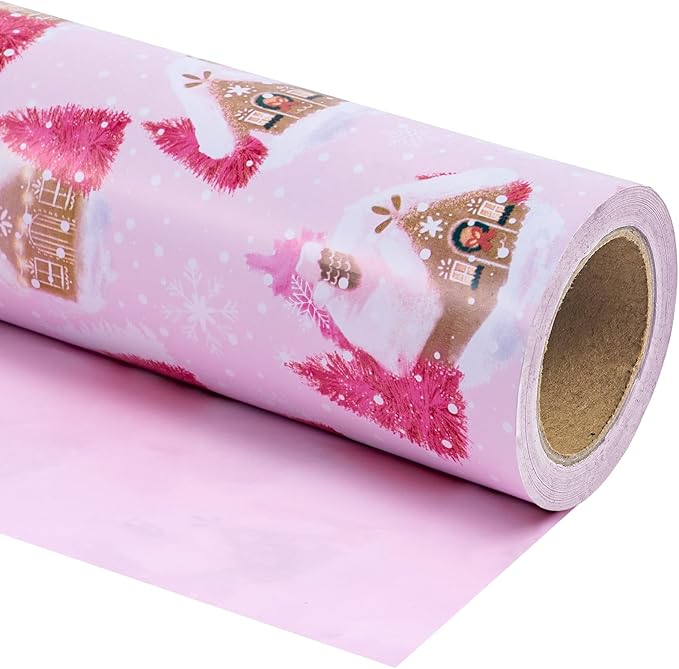 WRAPAHOLIC 30 Inch Jumbo Reversible Christmas Wrapping Paper - 30 Inch x 100 Feet Jumbo Roll Pink Gingerbread House and Solid Pink Wrapping Paper for Christmas, Holiday, Party Celebration