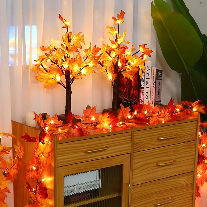 Fall Decorations Artificial Fall Lighted Maple Tree,Total 48 LED Battery/USB Operated Pumpkins Maple Acorn Tree for Table Fireplace Harvest Home Indoor Thanksgiving Decor (2)
