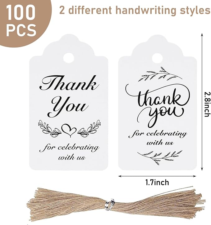 SallyFashion 100PCS Thank You Tags, 1.7 x 2.8 inch White Paper Gift Tags with Strings for Wedding Bridal Party Baby Shower Invitation